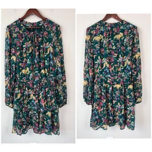 Frye Boho Floral Dress XL Green Ruffle Tie Neck Adjustable Drawstring Waist